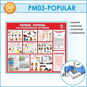 Стенд «Первая помощь при чрезвычайных ситуациях» с плоским и объемным карманами (PM-03)