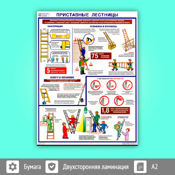 Плакат «Охрана труда при работе на высоте. Приставные лестницы» (С-97, ламинированная бумага, А2, 1 лист)